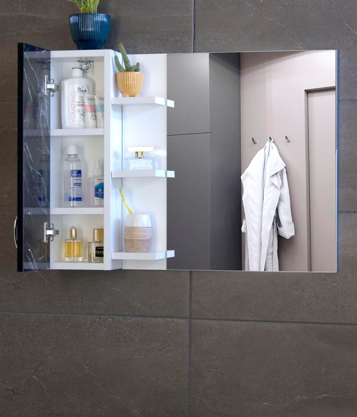 Nurcelant Banyo Dolabı Aynalı Raflı 80 cm Üst Modül Siyah Mermer Desenli Beyaz