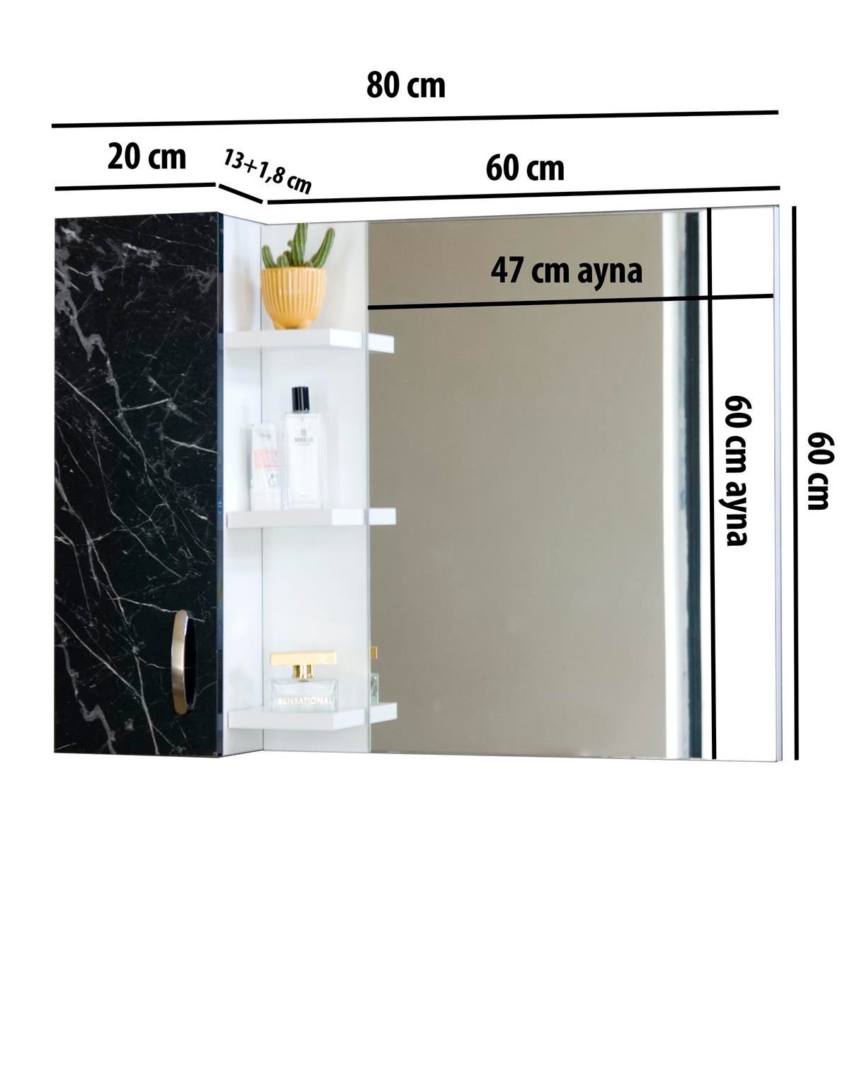 Nurcelant Banyo Dolabı Aynalı Raflı 80 cm Üst Modül Siyah Mermer Desenli Beyaz