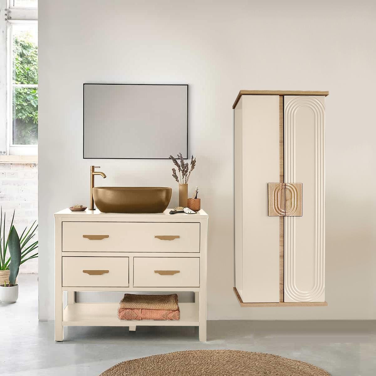Nurcelant Banyo Mutfak Erzak Boy Dolabı Mdf Krem