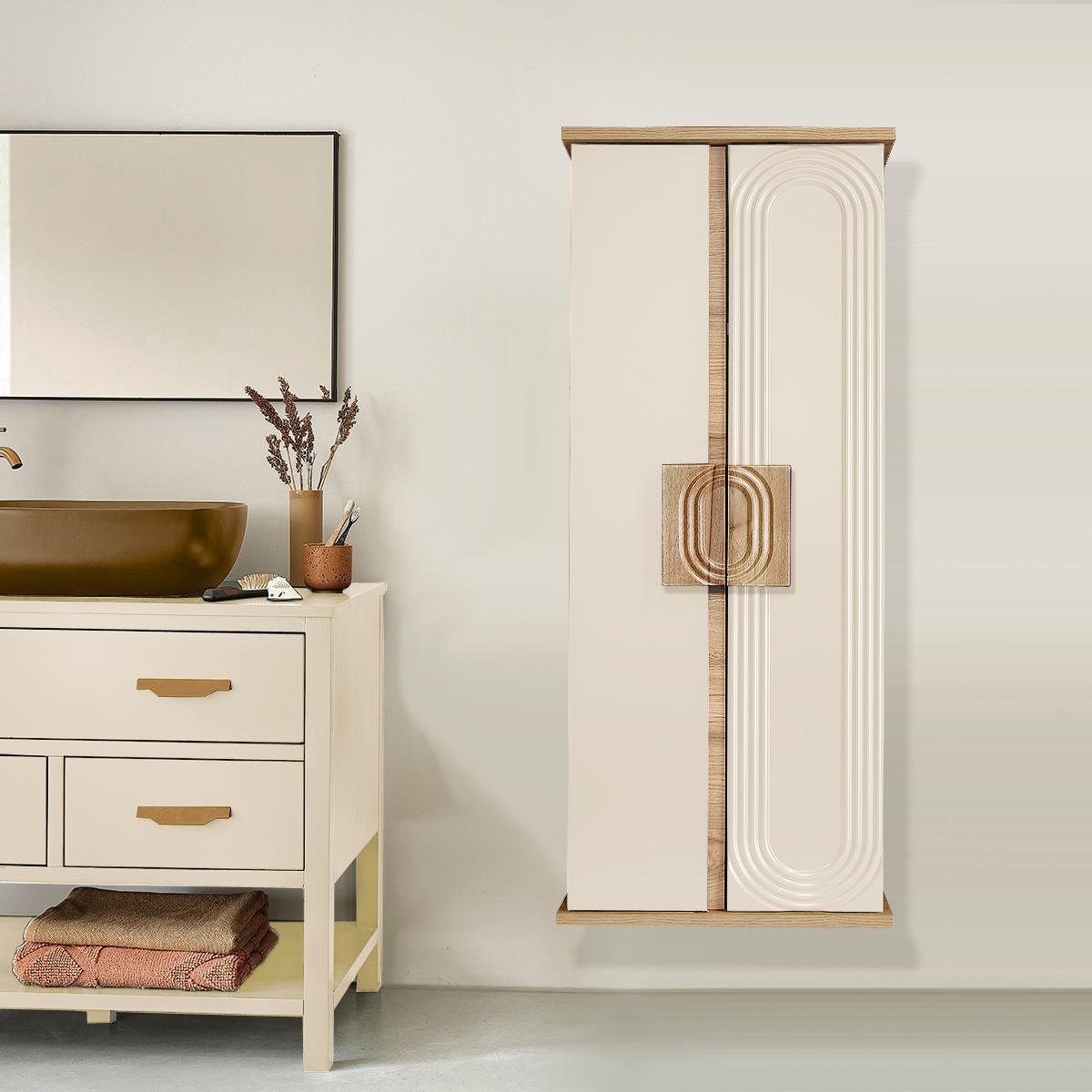 Nurcelant Banyo Mutfak Erzak Boy Dolabı Mdf Krem