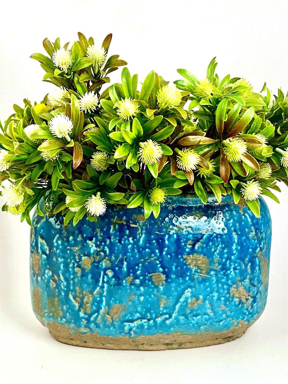 Küçük Mavi Seramik Eskitme Elips Vazo 27x19cm