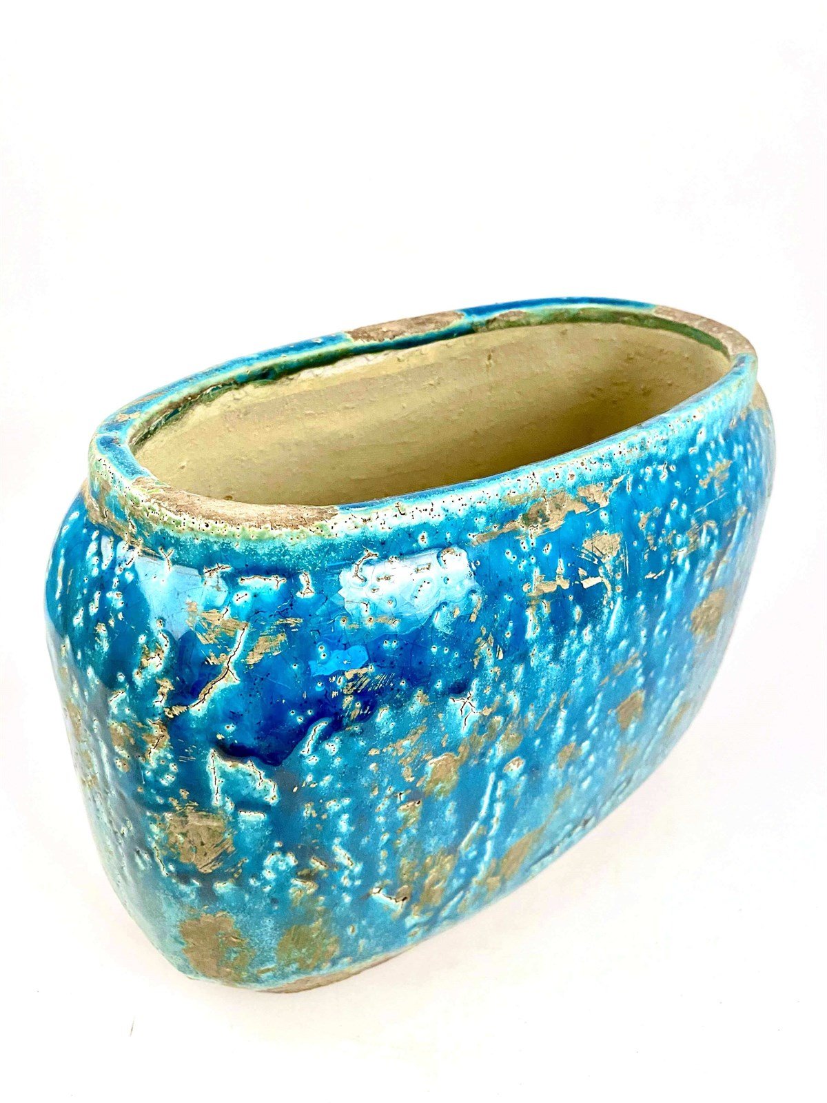 Küçük Mavi Seramik Eskitme Elips Vazo 27x19cm