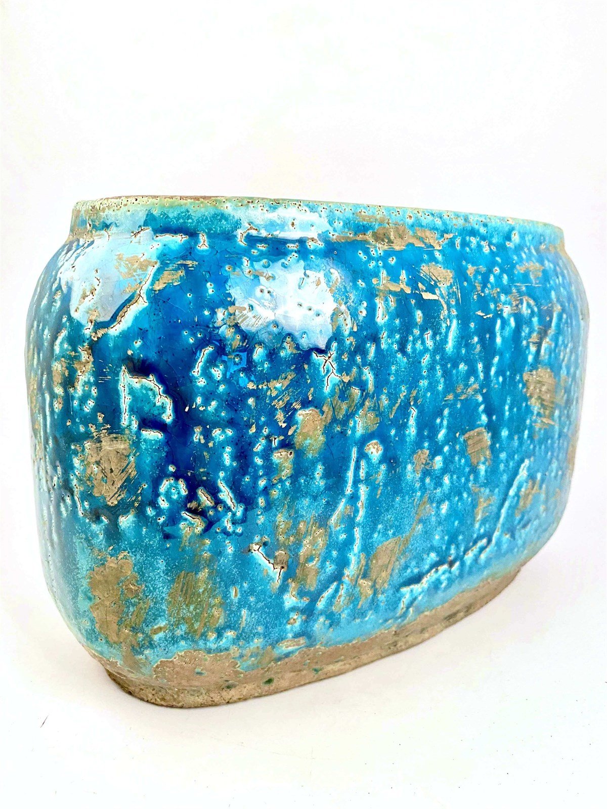 Küçük Mavi Seramik Eskitme Elips Vazo 27x19cm