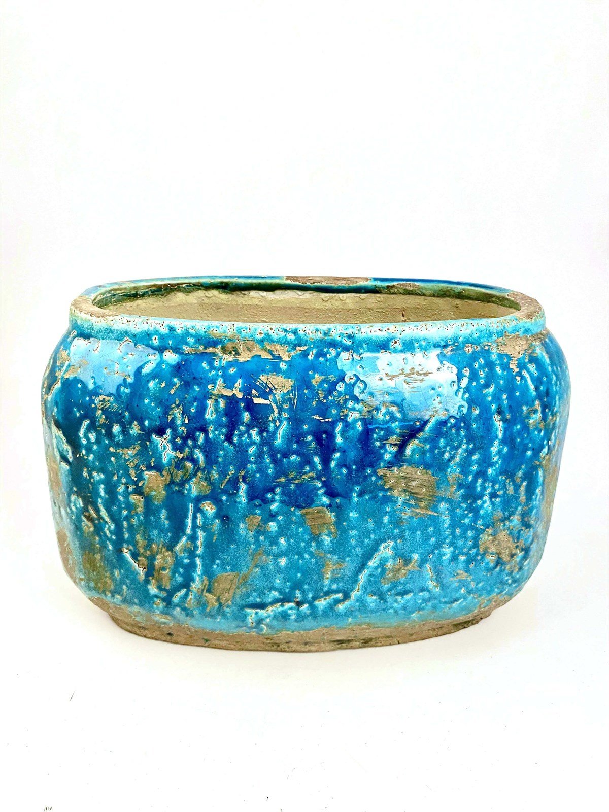 Küçük Mavi Seramik Eskitme Elips Vazo 27x19cm