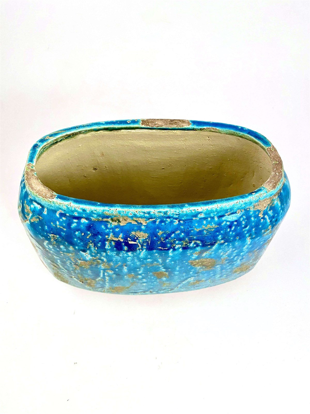 Küçük Mavi Seramik Eskitme Elips Vazo 27x19cm