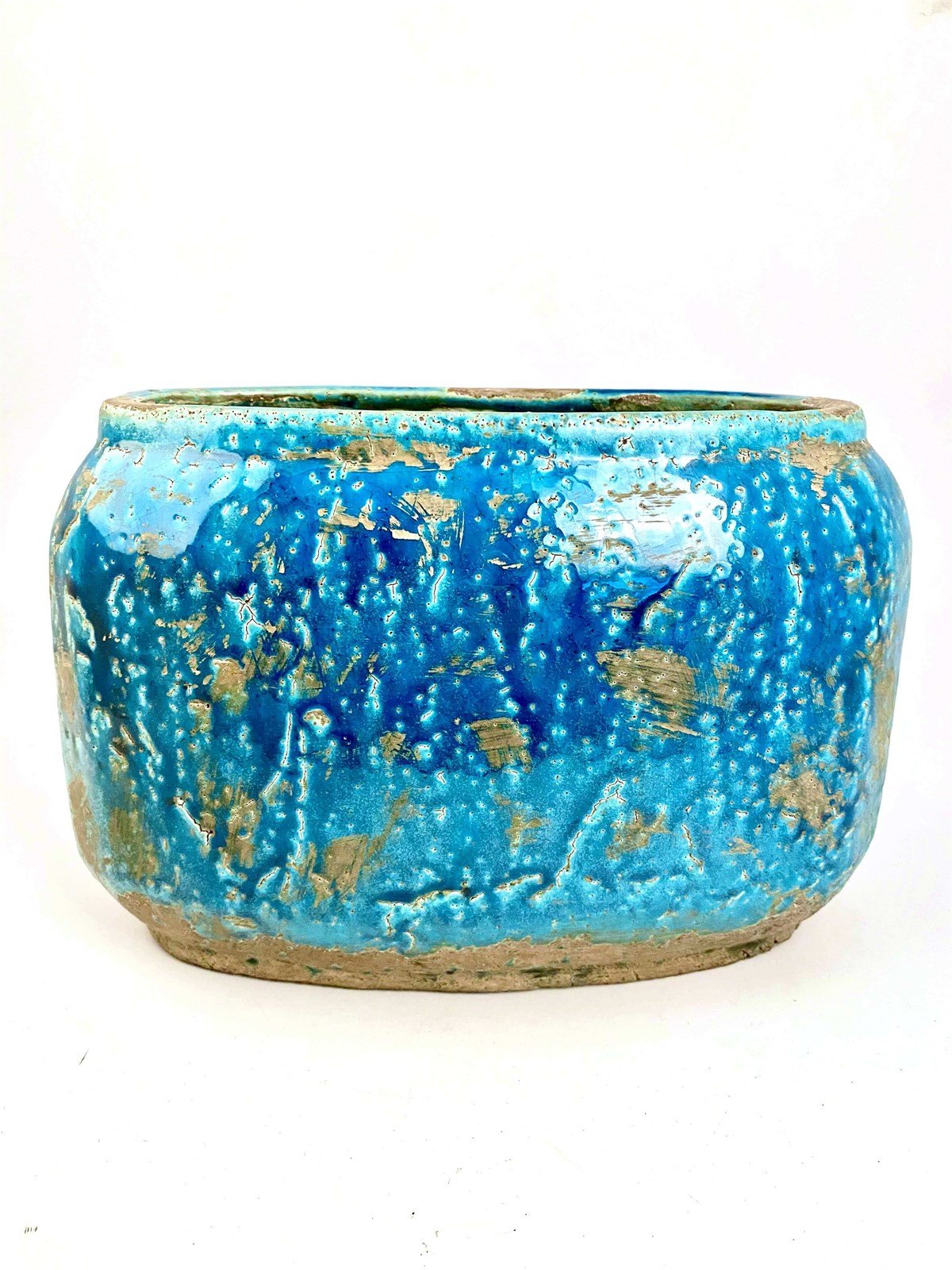 Küçük Mavi Seramik Eskitme Elips Vazo 27x19cm