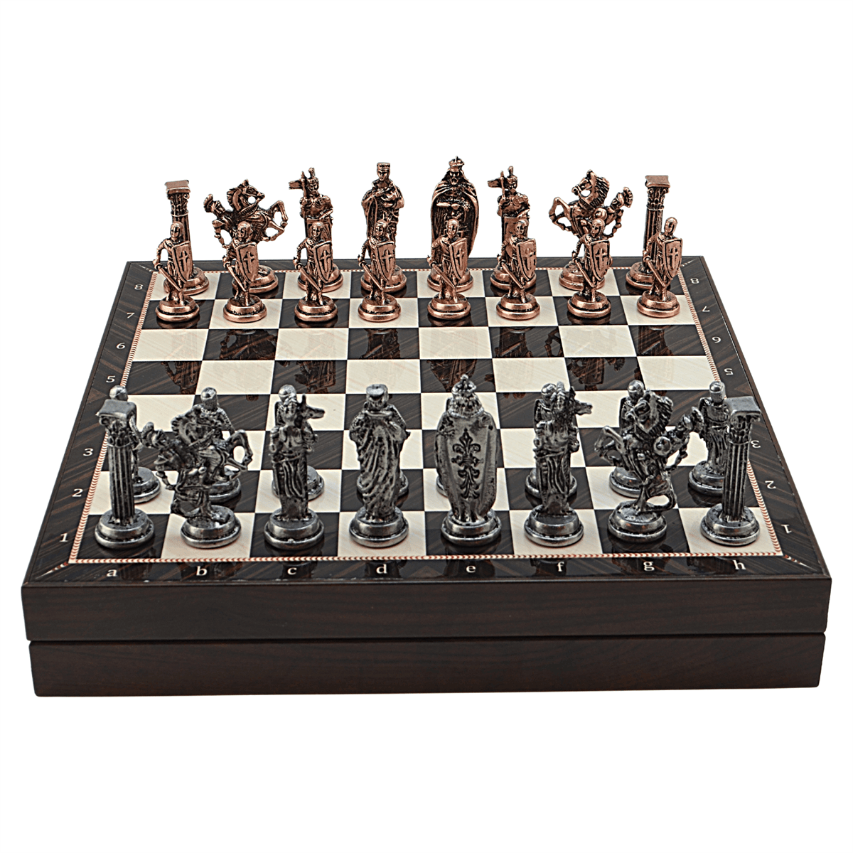 GiftHome Büyük Boy Metal İNGİLİZ Satranç Tk. Antik ve Ceviz Desenli Sandıklı MDF Tahtası(36X36X6 cm.) 