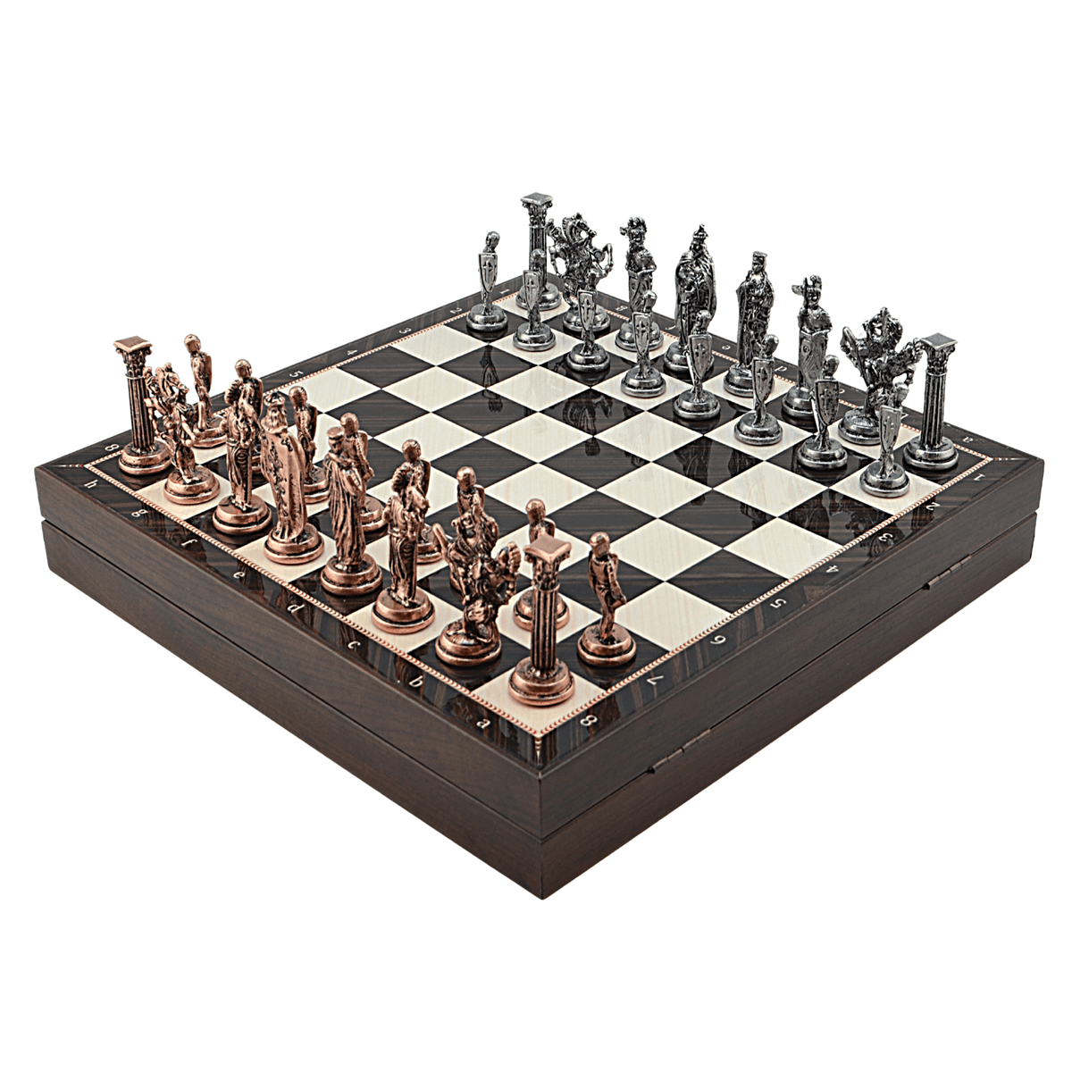 GiftHome Büyük Boy Metal İNGİLİZ Satranç Tk. Antik ve Ceviz Desenli Sandıklı MDF Tahtası(36X36X6 cm.) 