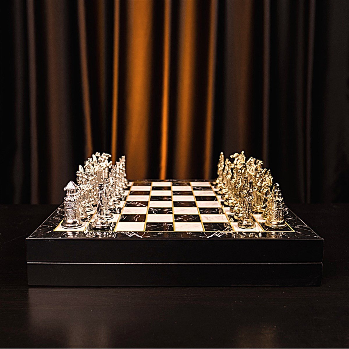 GiftHome Büyük Boy Metal Osmanlı-Bizans Satranç Tk. Parlak ve Mermer Desenli Sandıklı MDF Tahtası(36X36 cm.) 