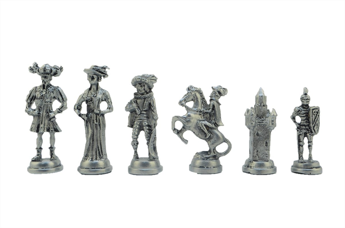 Gifthome Metal Satranç Takımı / Seti;Battal,İspanyol,Antik Taş,Düz Sedefli Satranç Tahtası