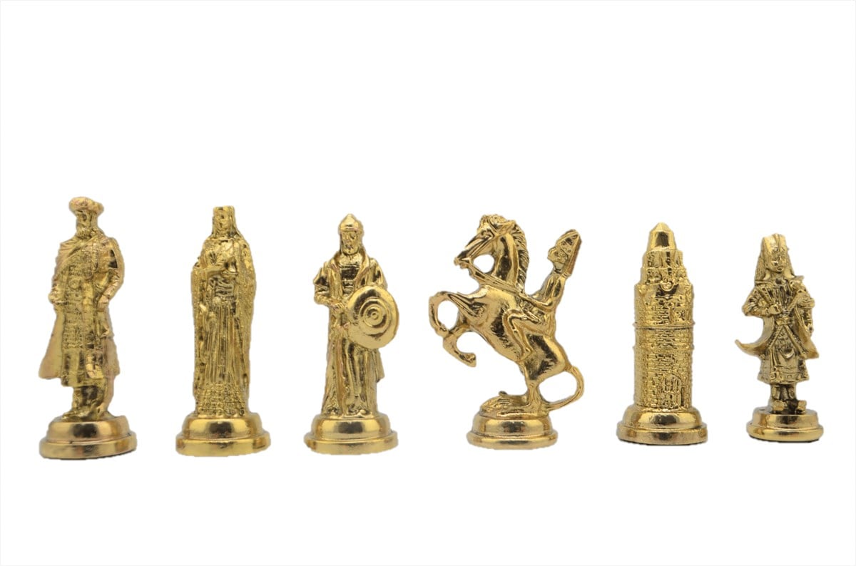 Gifthome Metal Satranç Takımı/Seti;Battal,Osmanlı&Bizans,Parlak,Sedefli,Düz Masif Satranç Tahtası