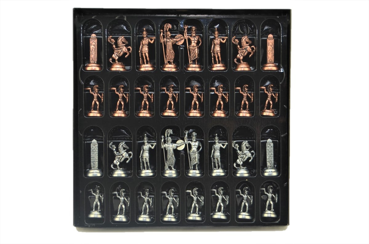 Gifthome Metal Satranç Takımı/Seti;Orta,Yunan,Antik,Sandıklı Masif Ahşap Satranç Tahtası
