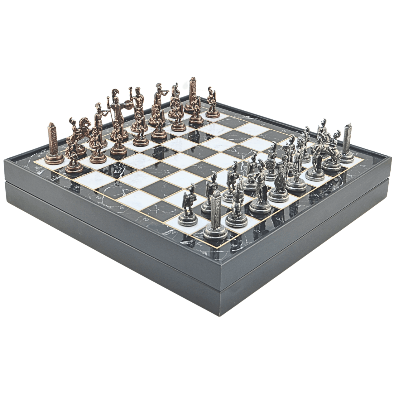 GiftHome Orta Boy Metal YUNAN MİTOLOJİSİ Satranç Tk. Antik ve Mermer Desenli Sandıklı MDF Tahtası(36X36 cm.) 