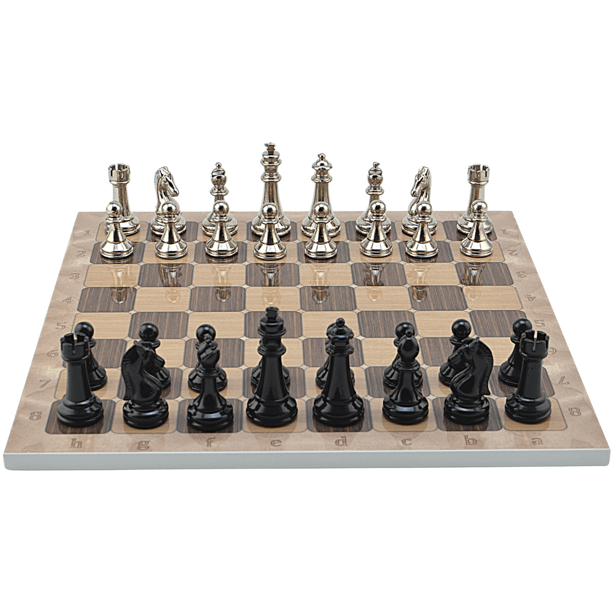 GiftHome Premium Black Metal Klasik Satranç Takımı ve Rustik Ceviz Desenli MDF Satranç Tahtası (37X37 cm.)