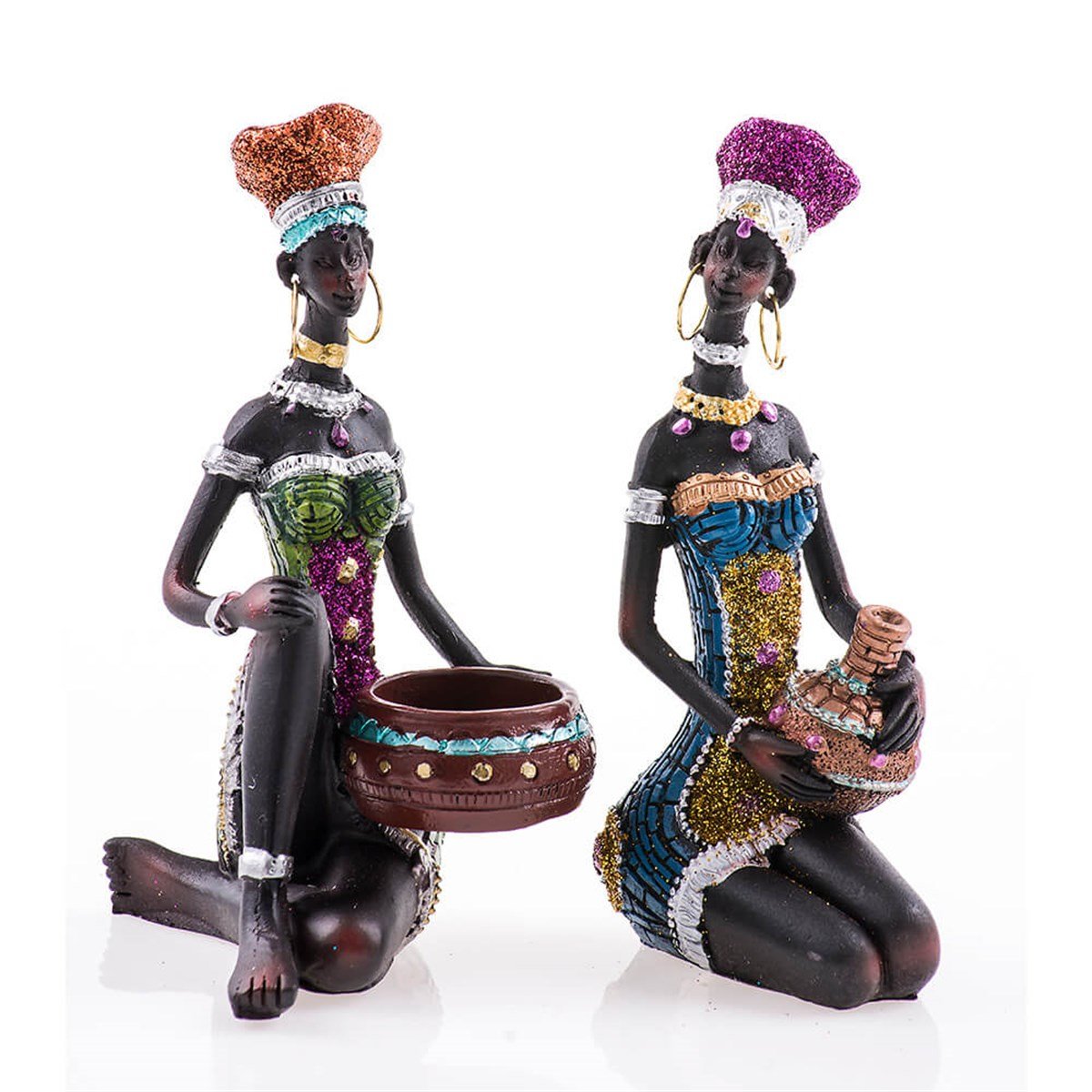 OTURAN AFRİKALI KADINLAR RENKLİ BİBLO SET 2'Lİ (12 CM.)