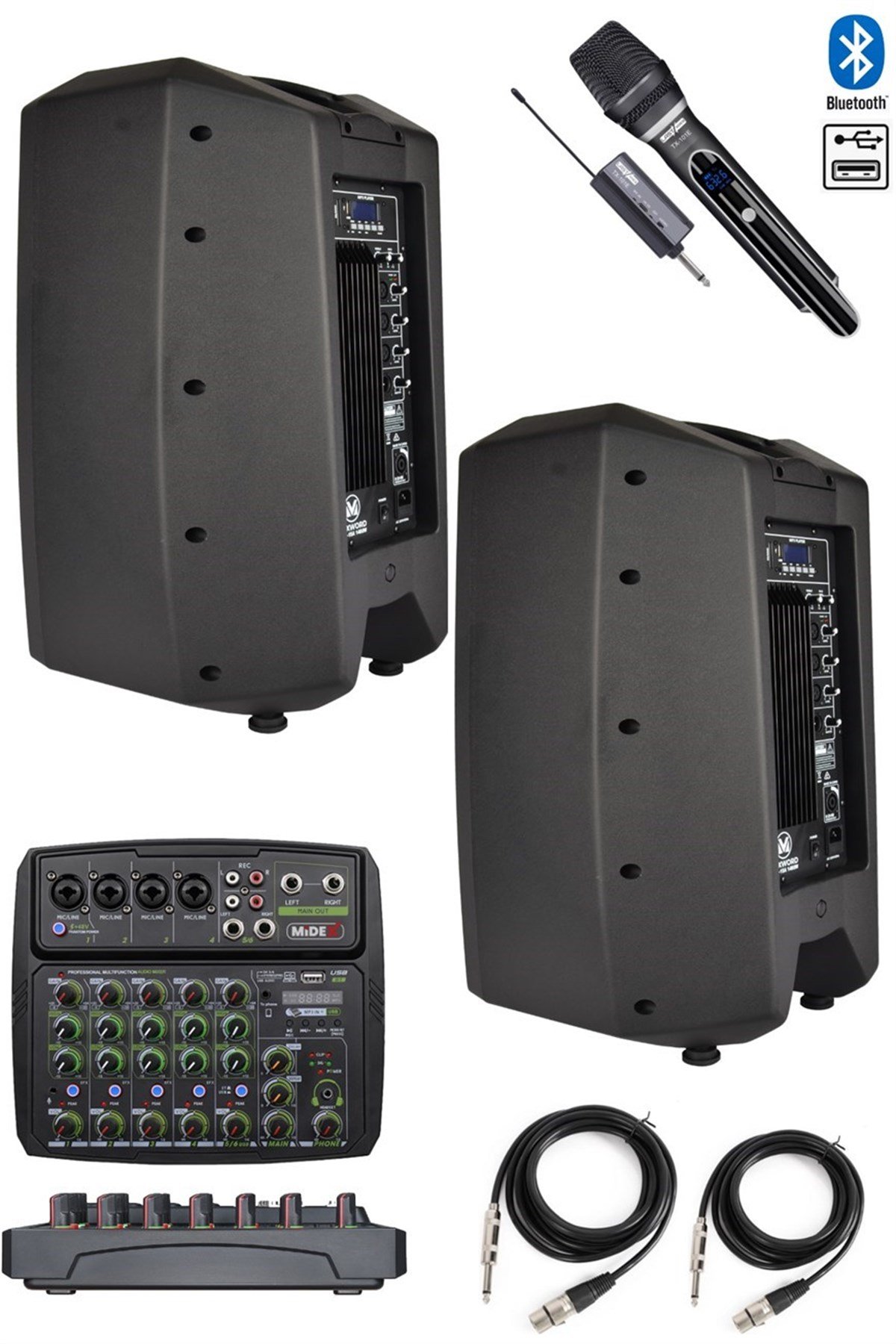 Maxword Maxi-15A-MİXER Set 2 Adet 15 İNÇ Aktif Hoparlör Mikser ve Mikrofon Ses Sistemi (1400W + 1400W)