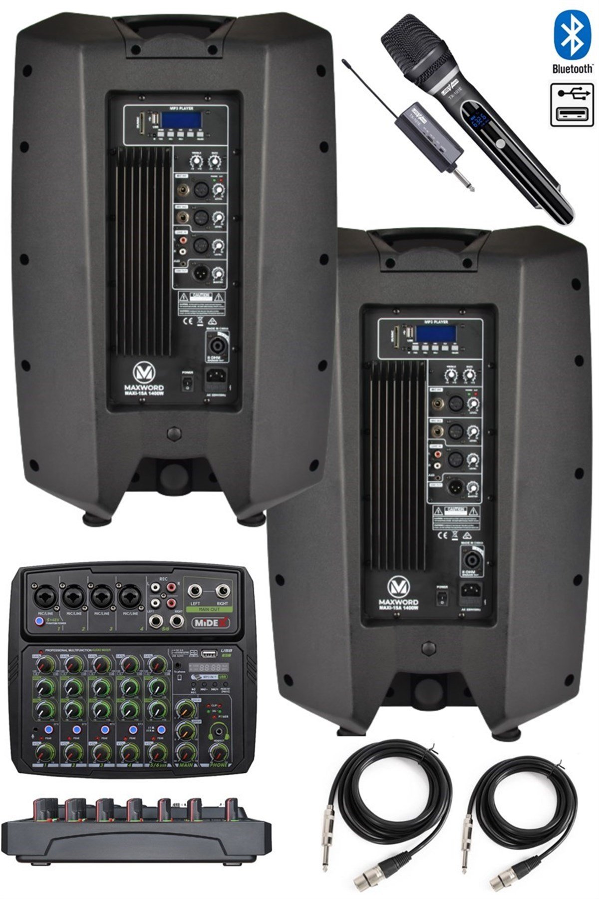 Maxword Maxi-15A-MİXER Set 2 Adet 15 İNÇ Aktif Hoparlör Mikser ve Mikrofon Ses Sistemi (1400W + 1400W)