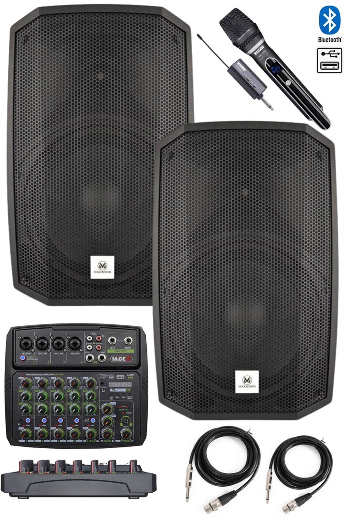Maxword Maxi-15A-MİXER Set 2 Adet 15 İNÇ Aktif Hoparlör Mikser ve Mikrofon Ses Sistemi (1400W + 1400W)