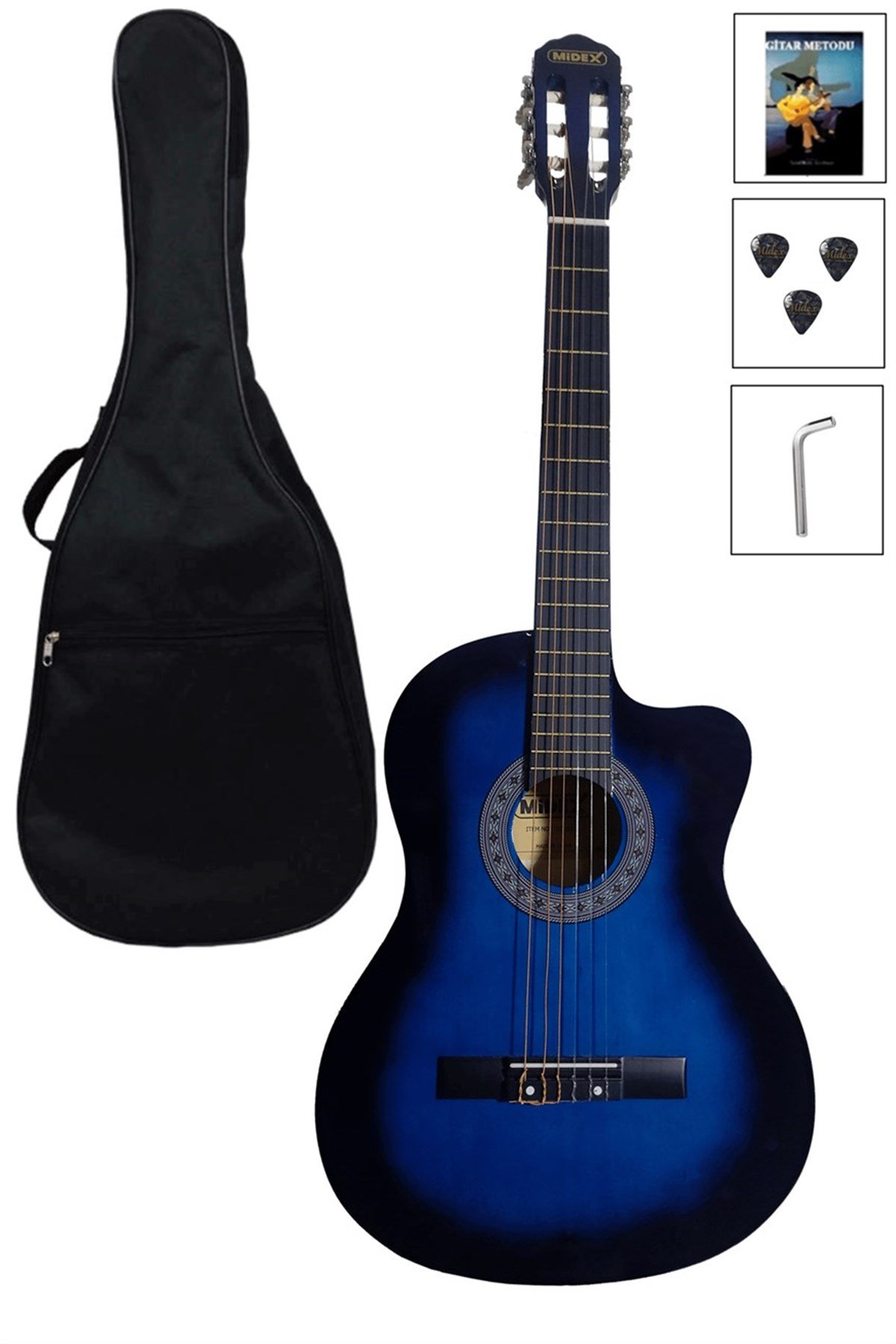 Midex CG-39BL Mavi Klasik Gitar 4/4 Sap Ayarlı Kesik Kasa (Çanta Metod Pena Hediye)