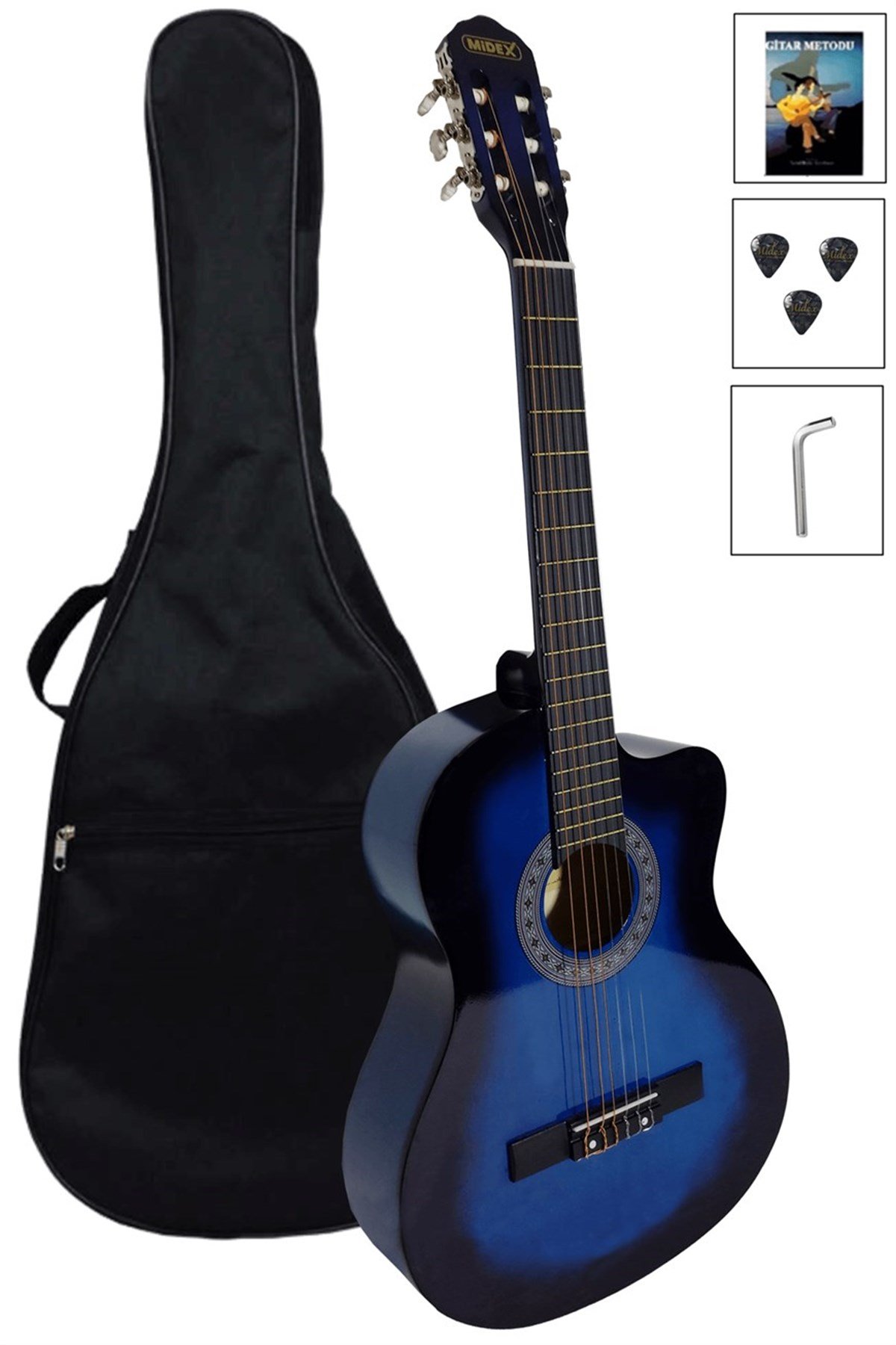Midex CG-39BL Mavi Klasik Gitar 4/4 Sap Ayarlı Kesik Kasa (Çanta Metod Pena Hediye)
