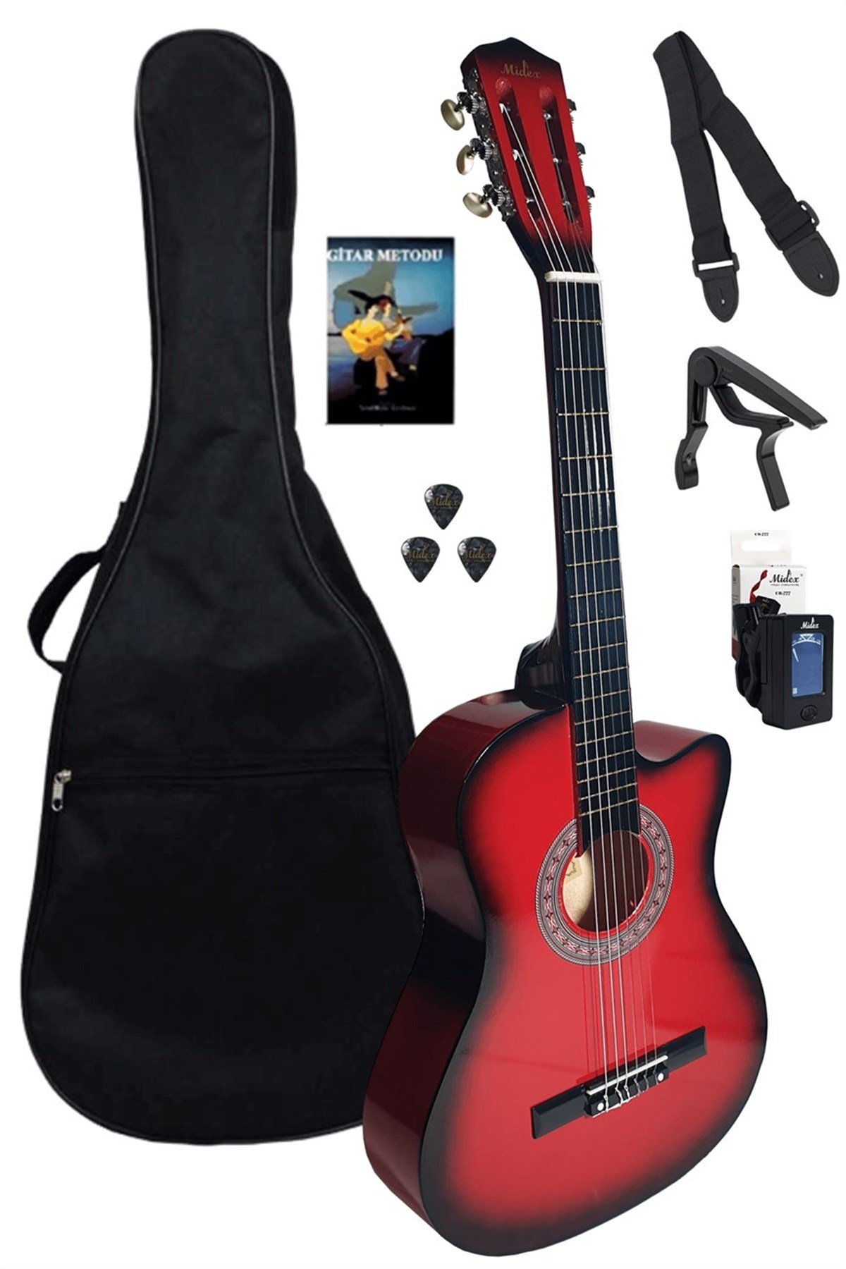 Midex CG-39XRD Kırmızı Klasik Gitar 4/4 Sap Ayarlı Kesik Kasa Full Set (Çanta Tuner Askı Capo Metod)