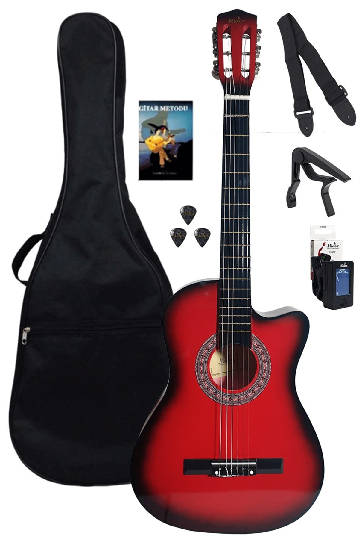 Midex CG-39XRD Kırmızı Klasik Gitar 4/4 Sap Ayarlı Kesik Kasa Full Set (Çanta Tuner Askı Capo Metod)