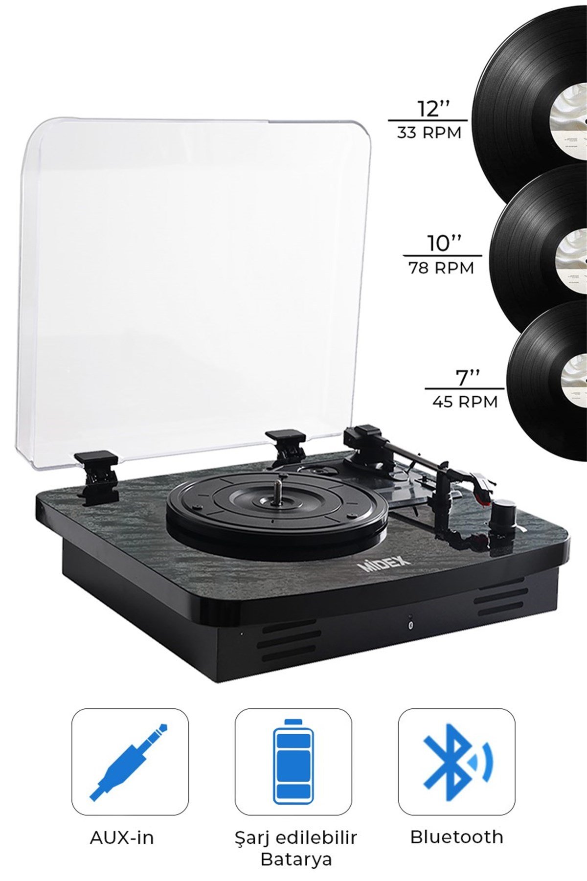 Midex Mtx-356 Nostaljik Pikap Plak Çalar (Şarjlı Bluetooth Aux Hoparlörlü 3 Devir) İğne Dahil