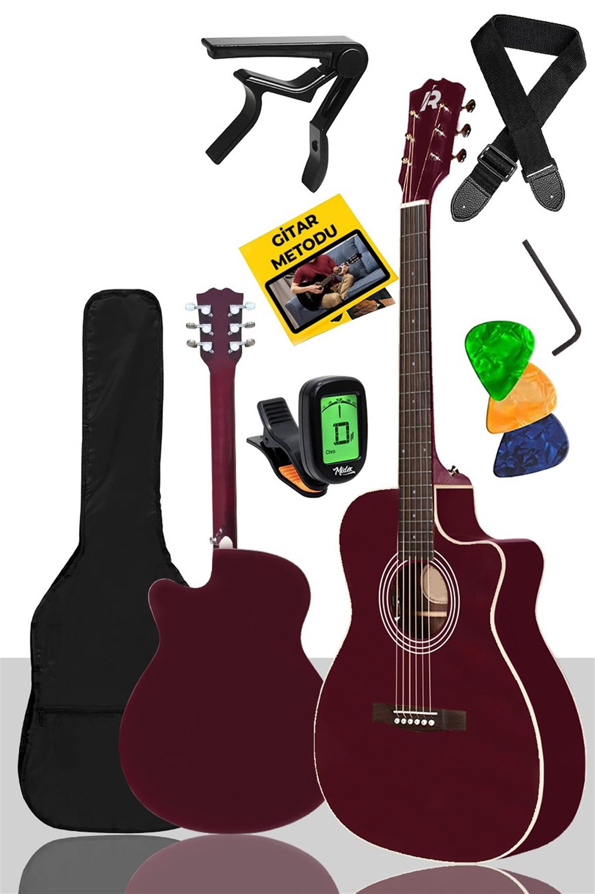 Rennes AG-40BN Crimson Kırmızı Akustik Gitar 4/4 Kesik Kasa (Çanta Tuner Askı Capo Pena Metod)