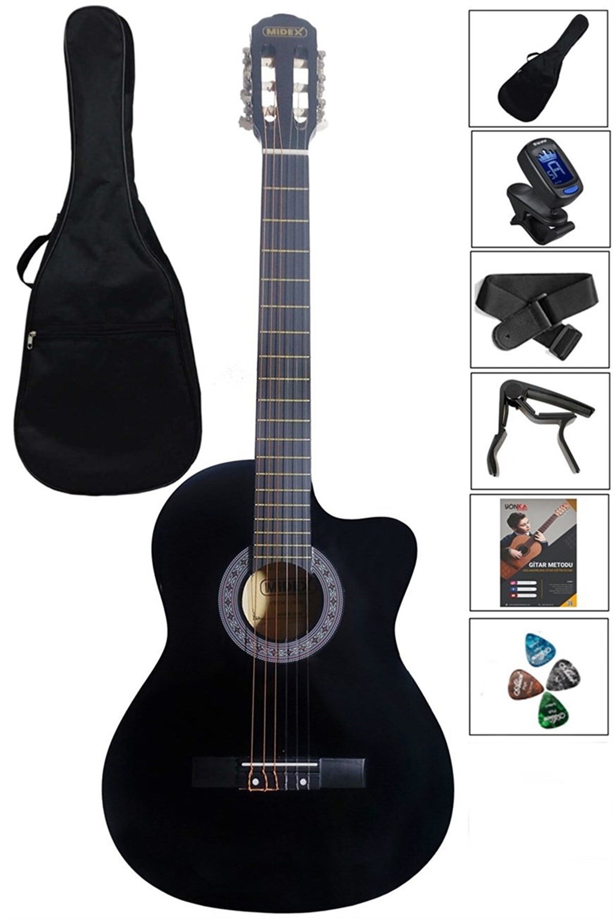 Midex CG-38BKT Siyah Klasik Gitar 4/4 Kesik Kasa Full Set (Çanta Capo Askı Tuner Metod Pena)