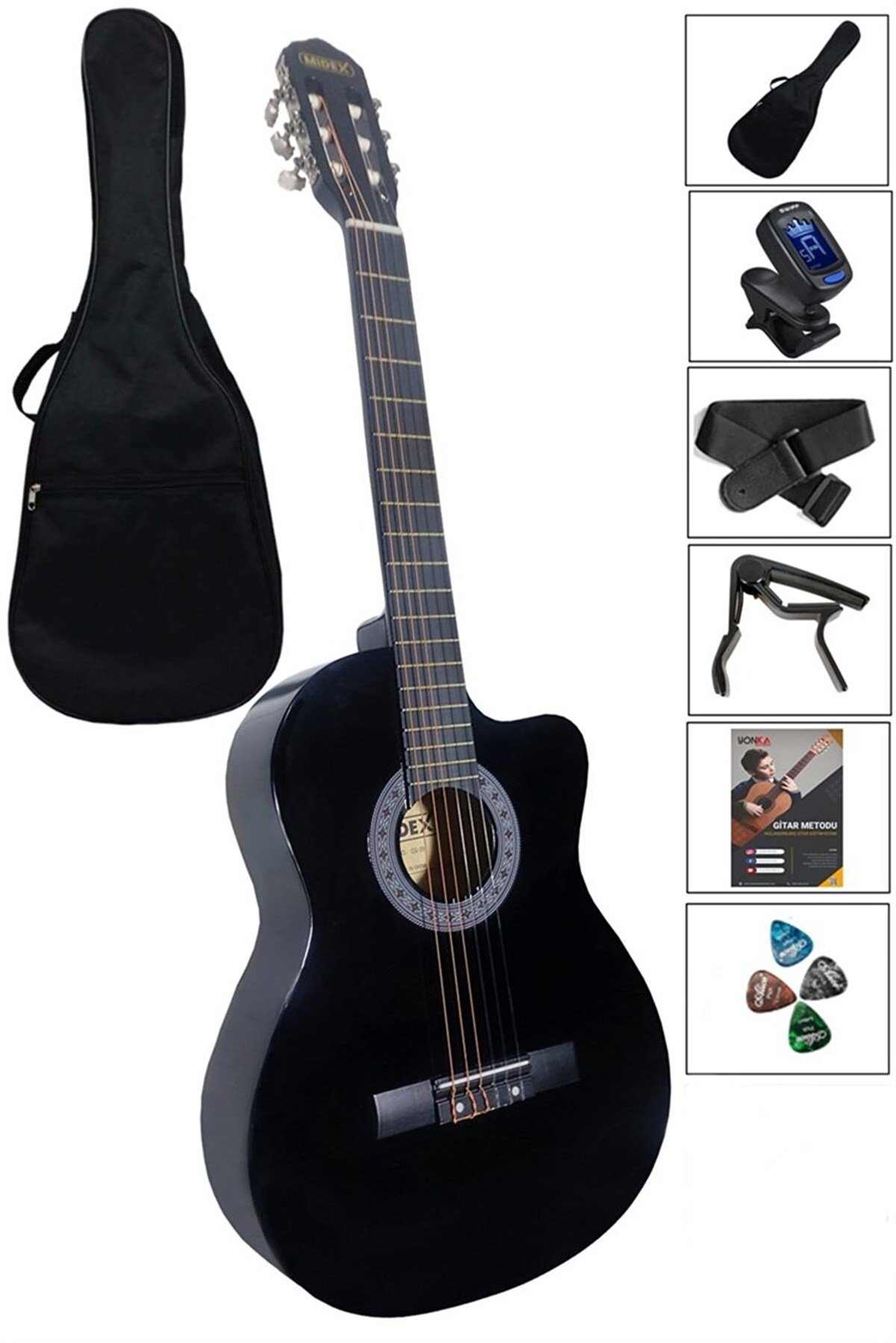 Midex CG-38BKT Siyah Klasik Gitar 4/4 Kesik Kasa Full Set (Çanta Capo Askı Tuner Metod Pena)