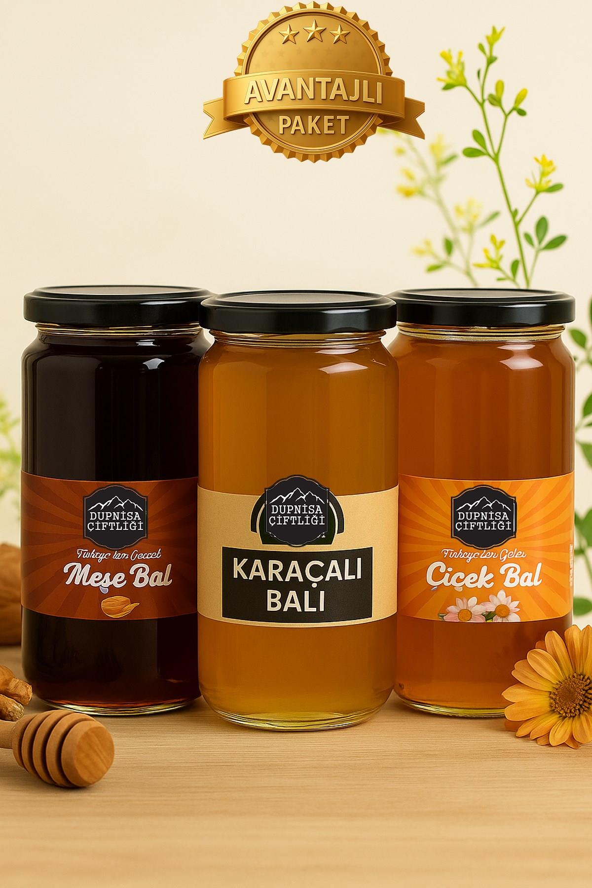 3lü Doğal Bal Paketi - Meşe, Karaçalı, Çiçek Balı - 330g x 3