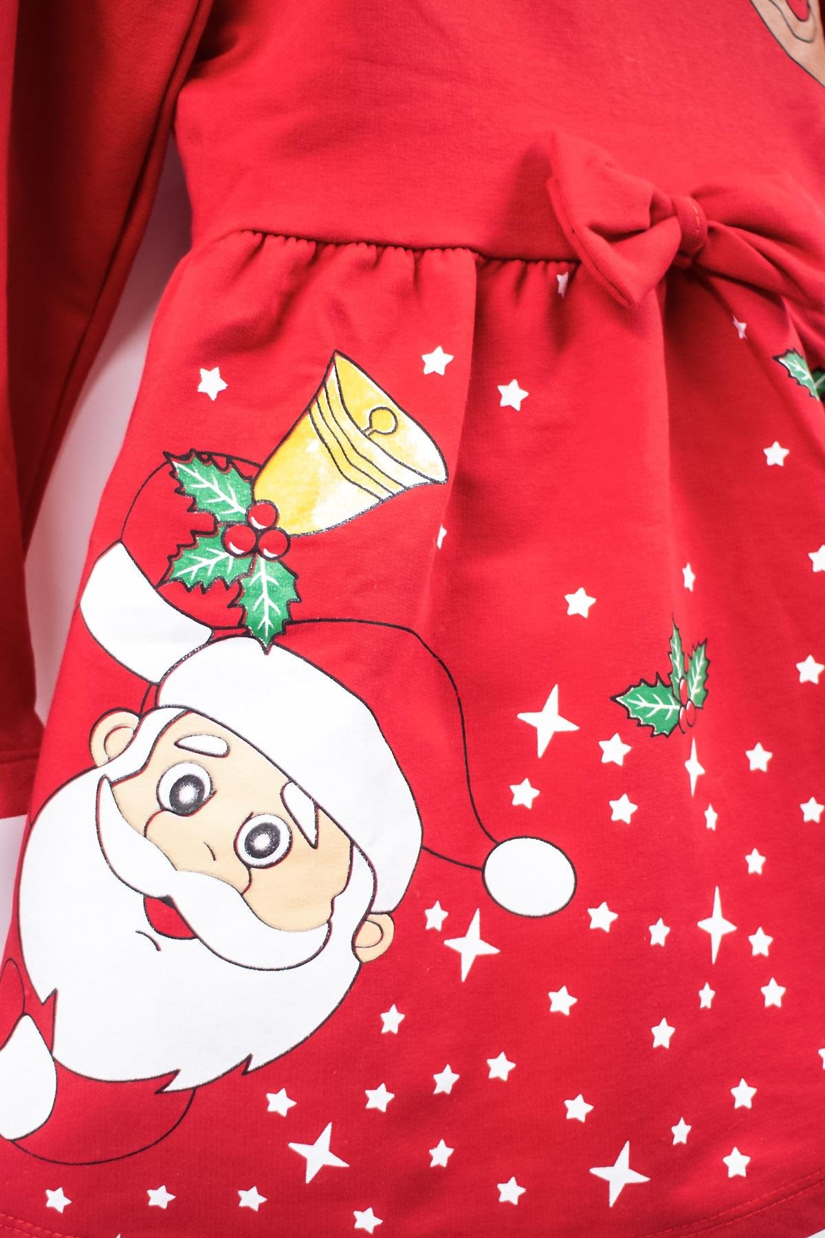 KOYU KIRMIZI YILBAŞI MOTİFLİ VE NOEL BABA FİGÜRLÜ KIZ ÇOCUK ELBİSESİ