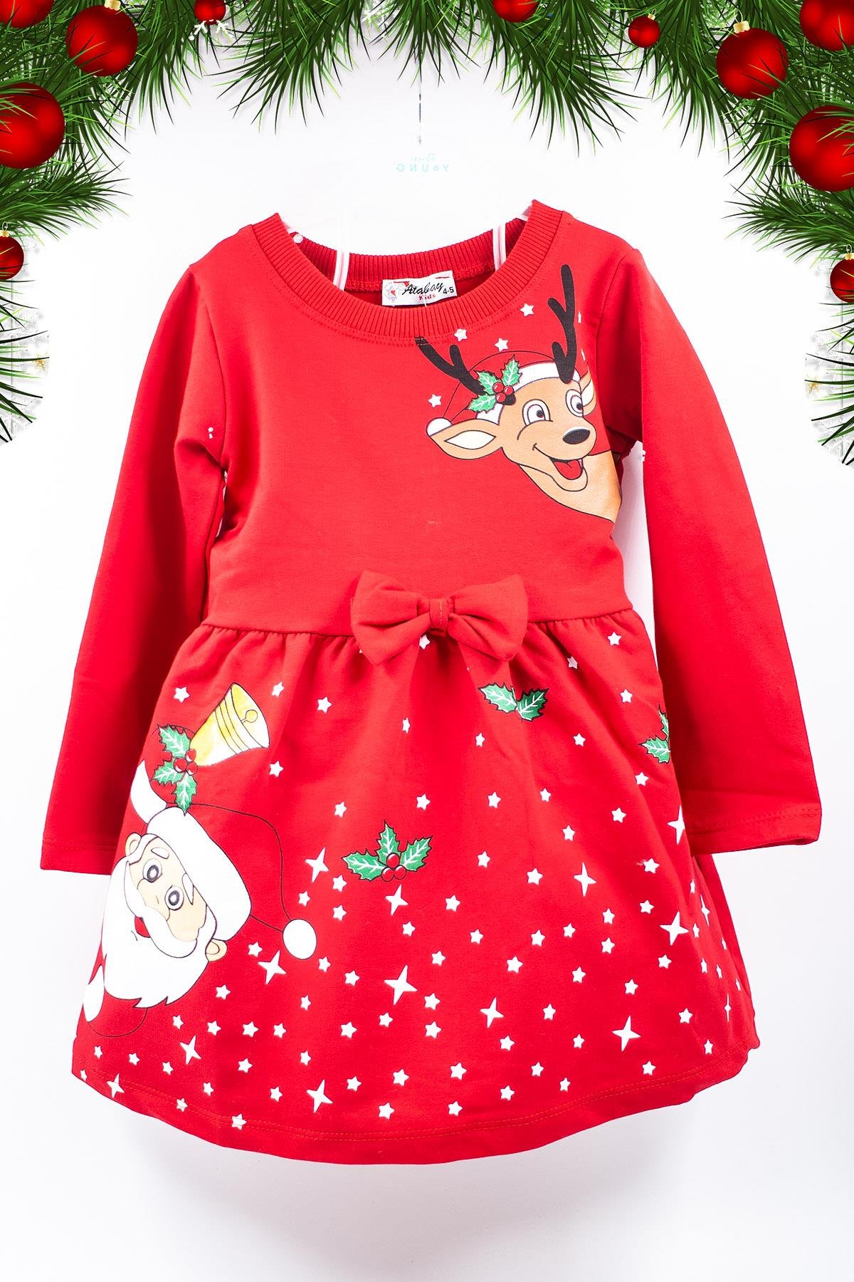 KOYU KIRMIZI YILBAŞI MOTİFLİ VE NOEL BABA FİGÜRLÜ KIZ ÇOCUK ELBİSESİ