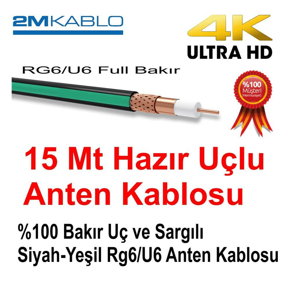 2MUydu Anten Kabloları15 Mt Hazır Uçlu 2M 1.Kalite Full Bakır 96 Tel Bakır Folyo Sargı
