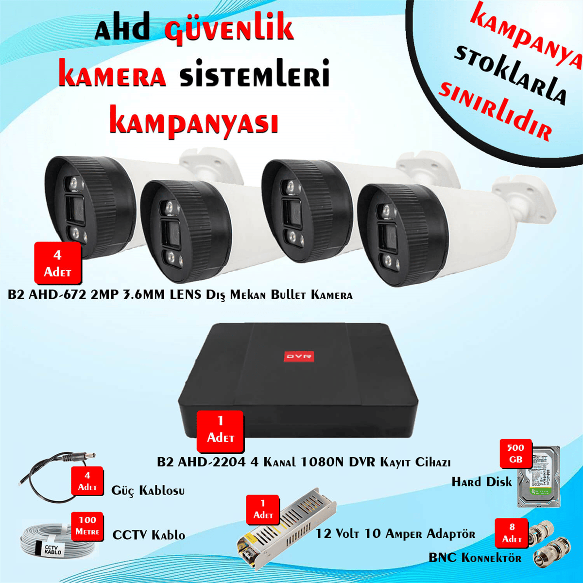 B2Güvenlik Kamera SetleriAhd 4 Kamera 4 Kanal Güvenlik Bullet Kamera Setleri