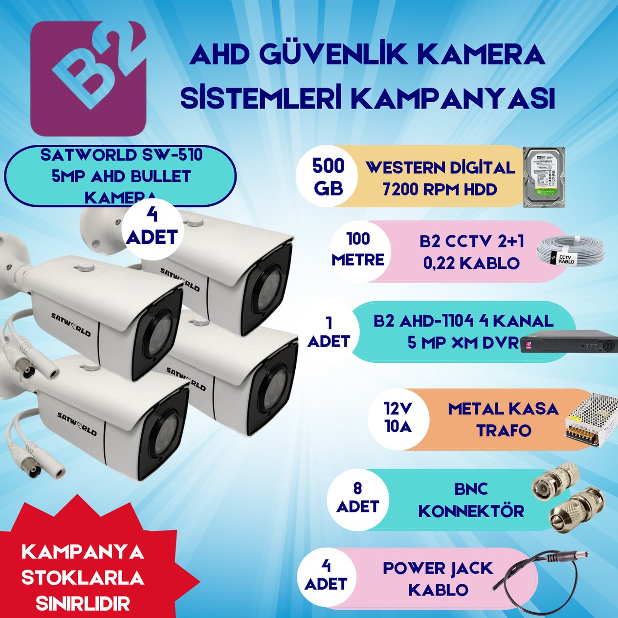 B2Güvenlik Kamera SetleriB2 Ahd 4 Bullet Kamera 4 Kanal Güvenlik Dome Kamera Setleri
