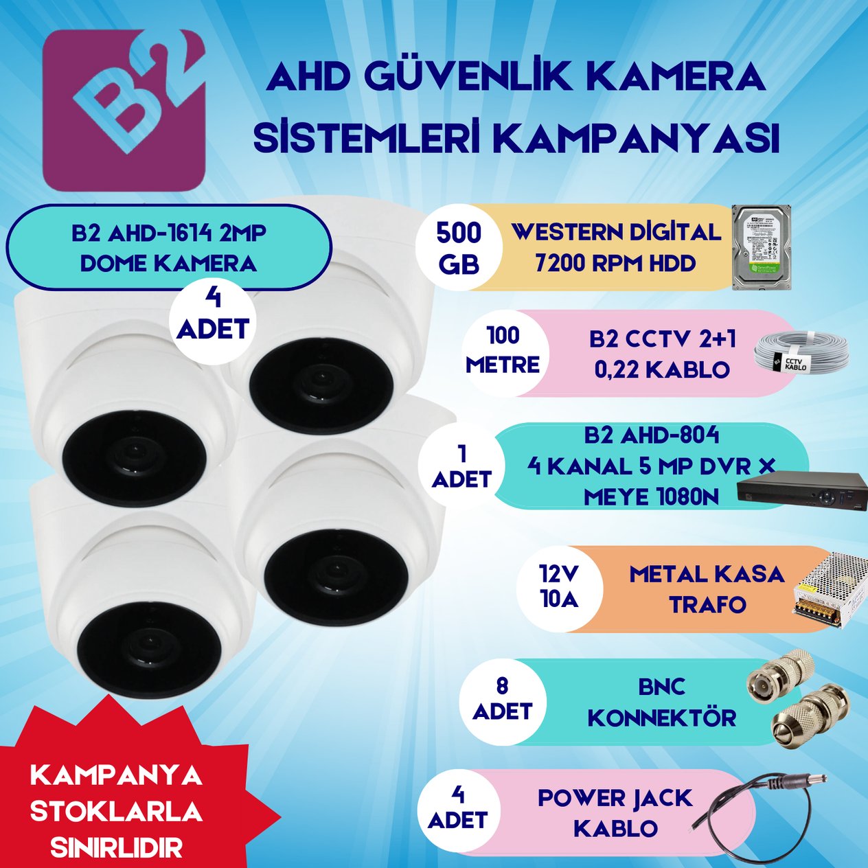 B2Güvenlik Kamera SetleriB2 Ahd 4 Dome Kamera 4 Kanal Güvenlik Dome Kamera Setleri