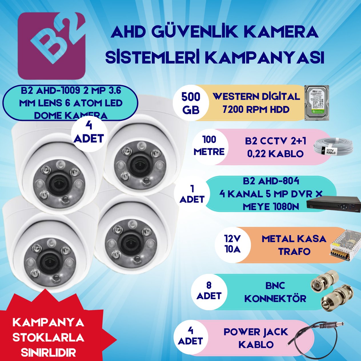 B2Güvenlik Kamera SetleriB2 Ahd 4 DomeKamera 4 Kanal Güvenlik Dome Kamera Setleri