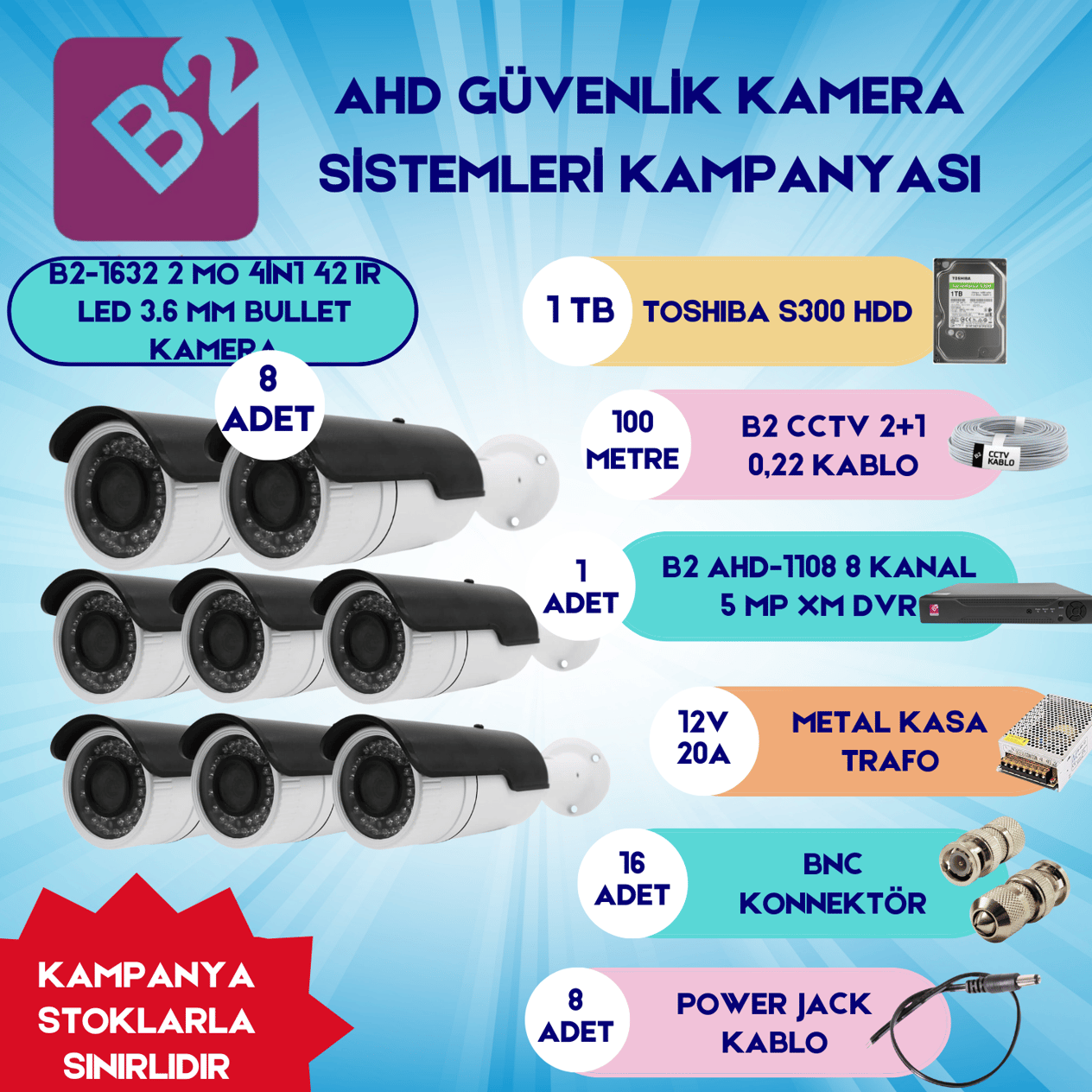 B2Güvenlik Kamera SetleriB2 Ahd 8 Bullet Kamera 8 Kanal Güvenlik Dome Kamera Setleri