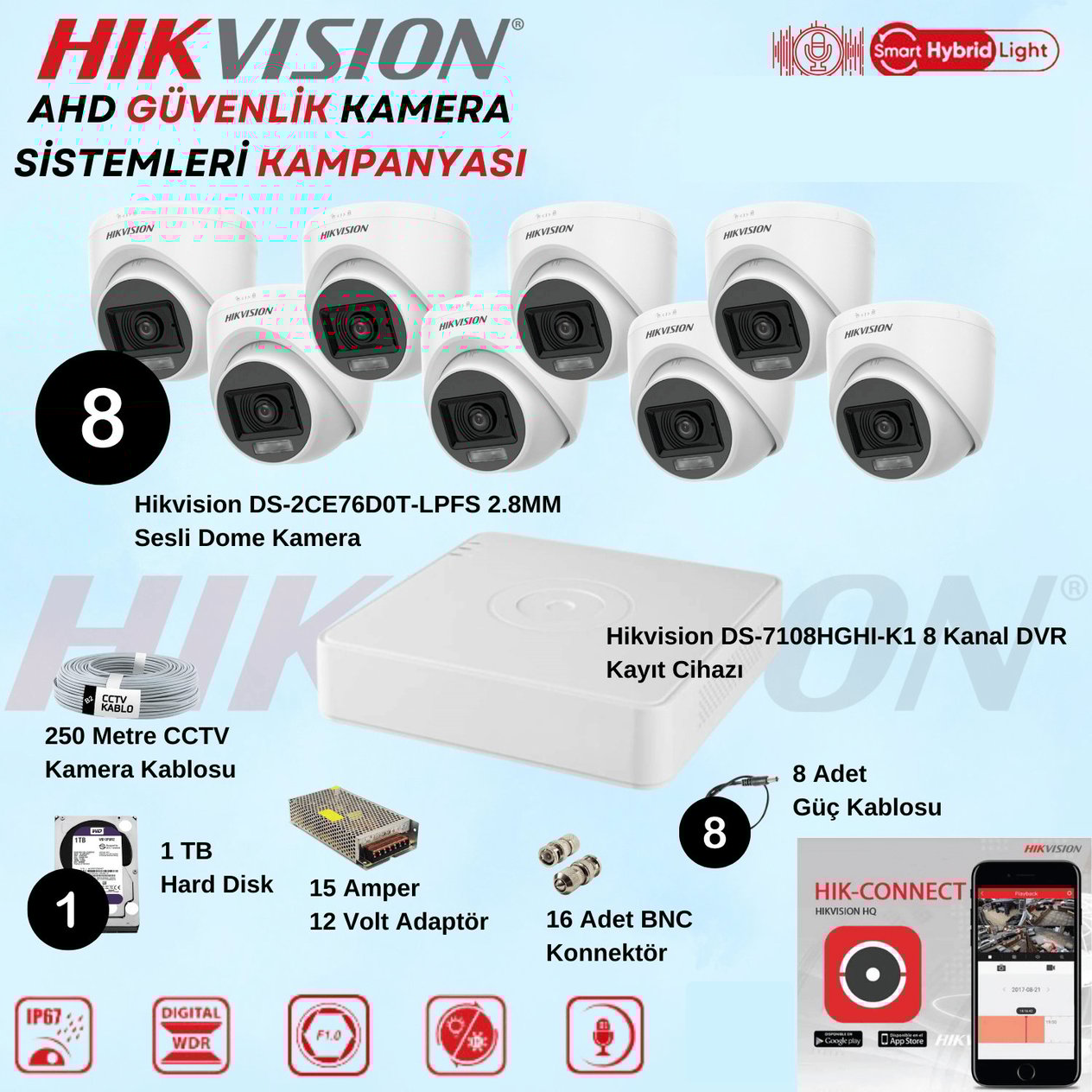 HikvisionGüvenlik Kamera SetleriHikvision Sesli Smart Hybrid Light AHD 8 Adet Dome Kamera 2 Mp Güvenlik Kamera Seti