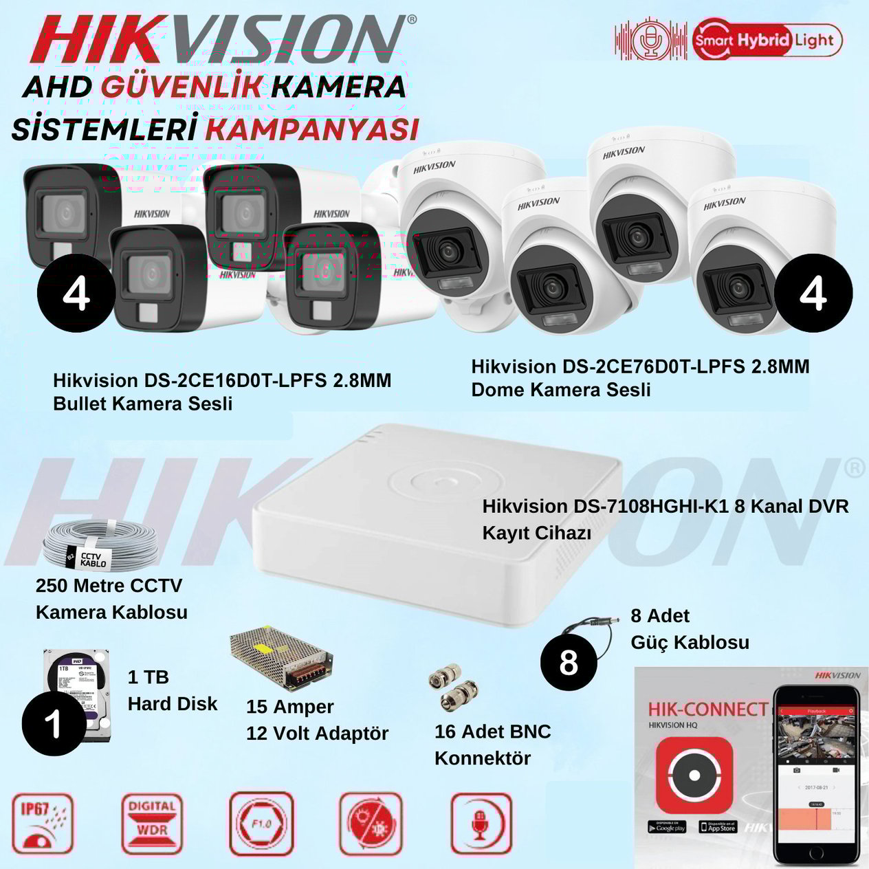 HikvisionGüvenlik Kamera SetleriHikvision Sesli Smart Hybrid Light AHD 4 Adet Bullet 4 Adet Dome Kamera 2 Mp Güvenlik Kamera Seti