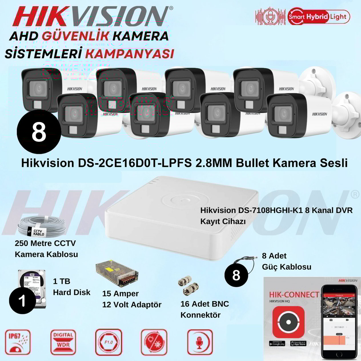 HikvisionGüvenlik Kamera SetleriHikvision Sesli Smart Hybrid Light AHD 8 Adet Bullet Kamera 2 Mp Güvenlik Kamera Seti