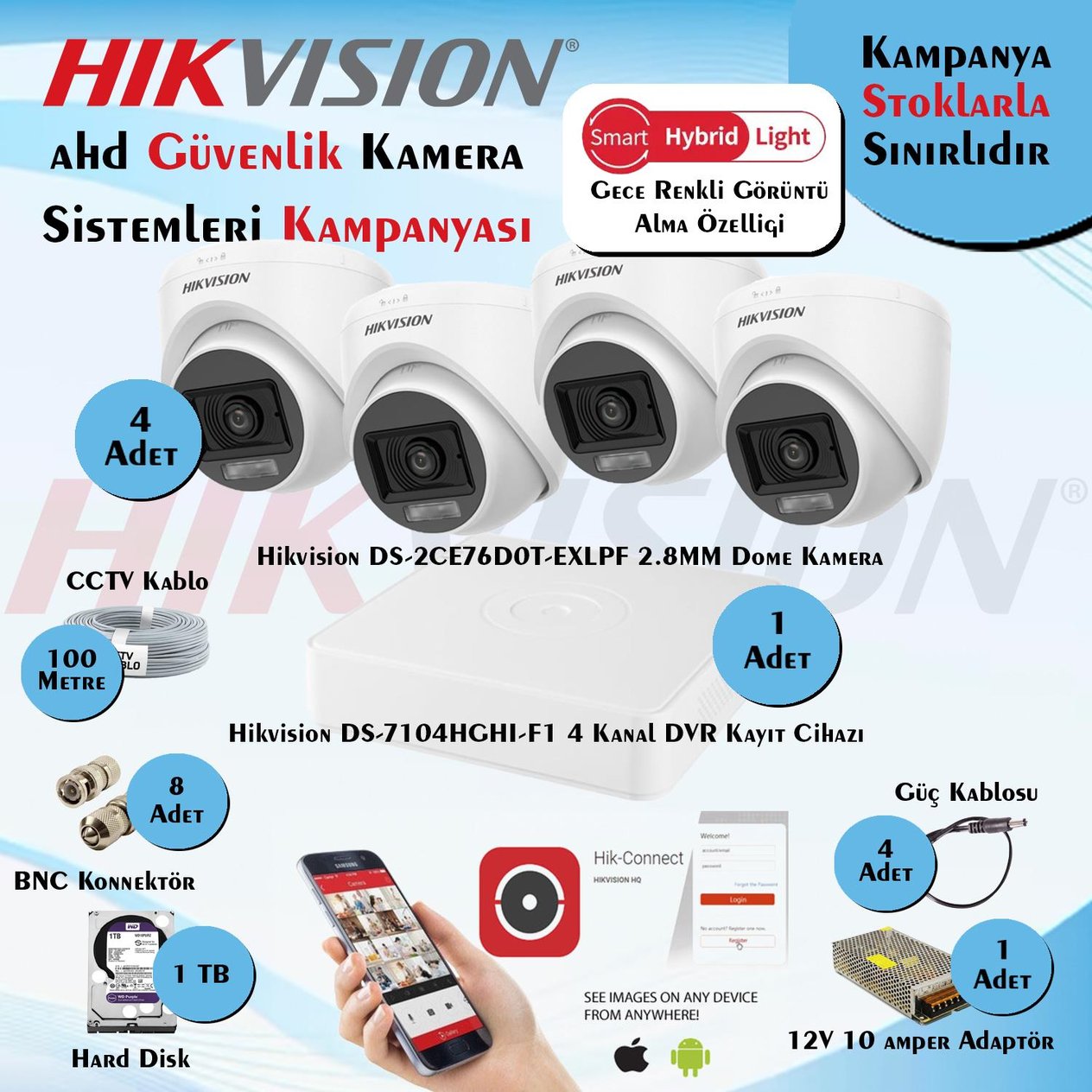 HikvisionGüvenlik Kamera SetleriHikvision Smart Hybrid Light AHD 4 Adet Dome Kamera 2 Mp Güvenlik Kamera Seti