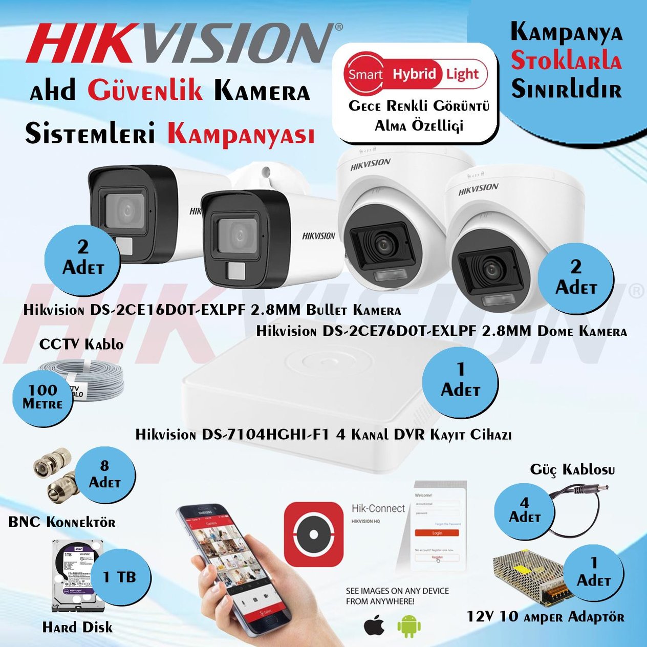 HikvisionGüvenlik Kamera SetleriHikvision Smart Hybrid Light AHD 4 Adet 2 Mp Güvenlik Kamera Seti