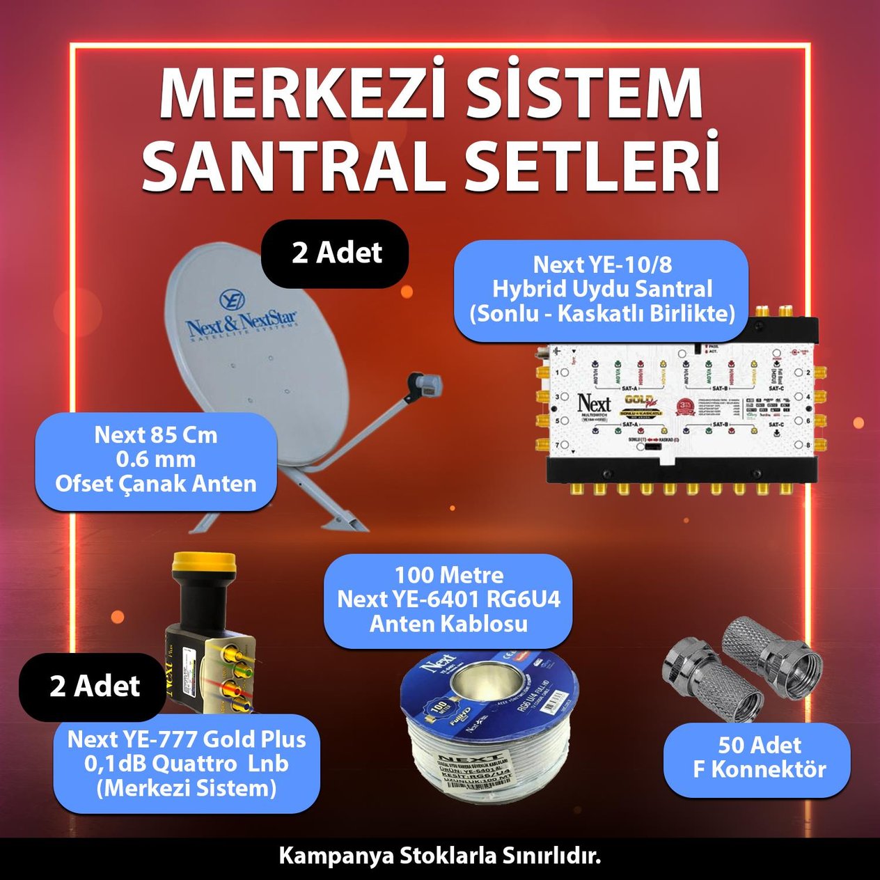Next NextstarMerkezi Uydu Sistemi SetleriMerkezi Sistem Santral Seti 2 Adet 85 Cm Çanak 10/8 Multiswitch Santral