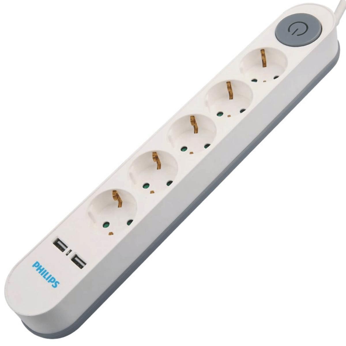 PhilipsAkım Korumalı PrizlerPhilips 5'li 2 Metre Kablolu Çift USB Anahtarlı Priz SPS1153A/51
