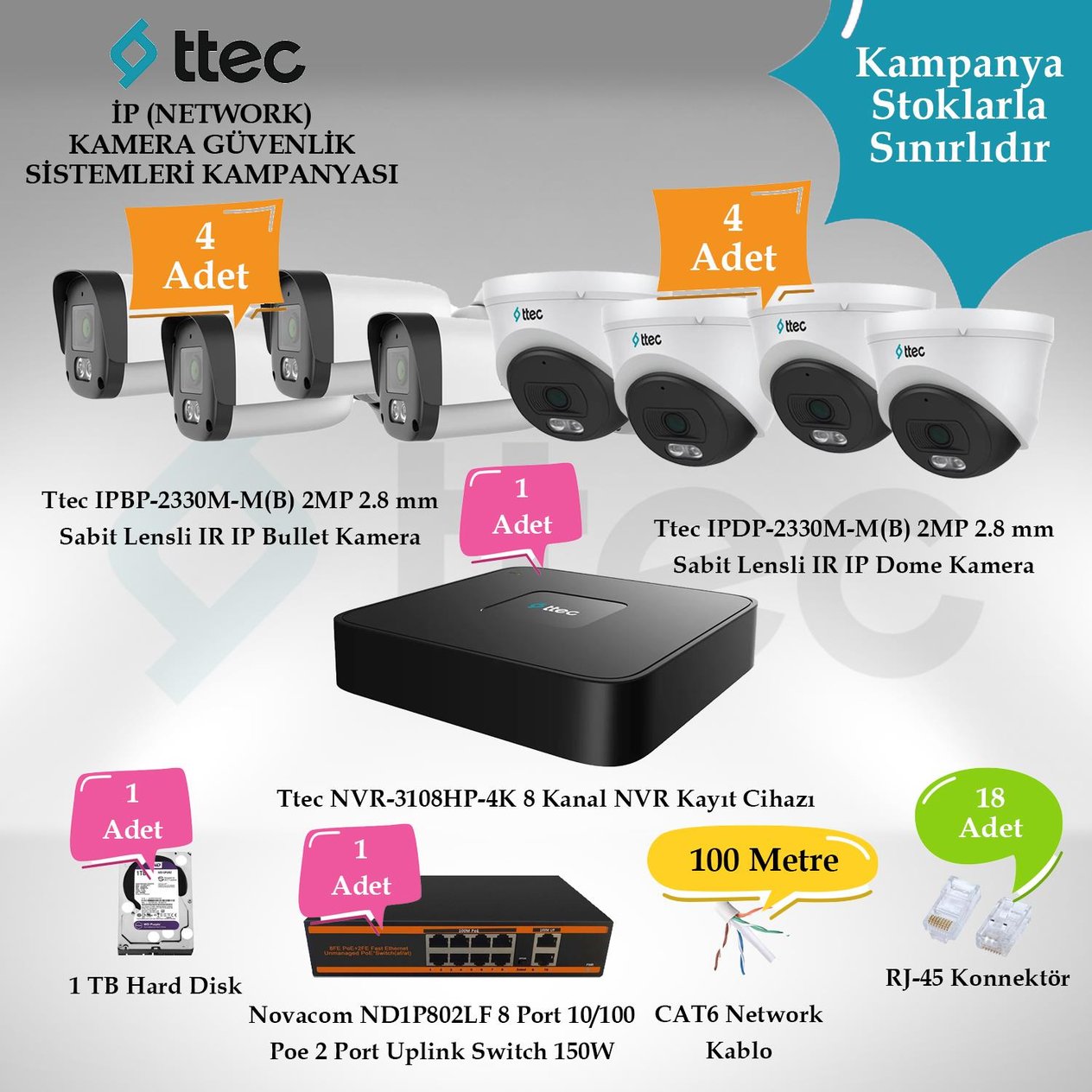 TtecGüvenlik Kamera SetleriTtec İP (Network) 8 Adet 2 MP Güvenlik Kamera Seti