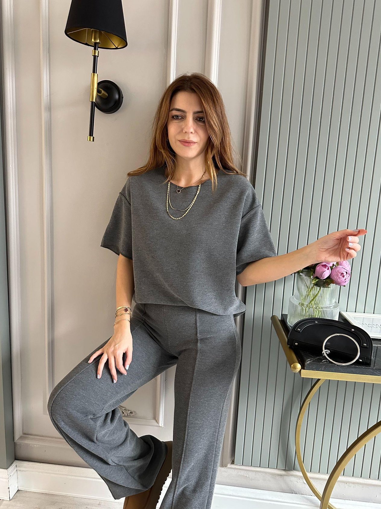 Pantolonlu TakımAntrasit Çımalı Kısa Kol Selanik Takım