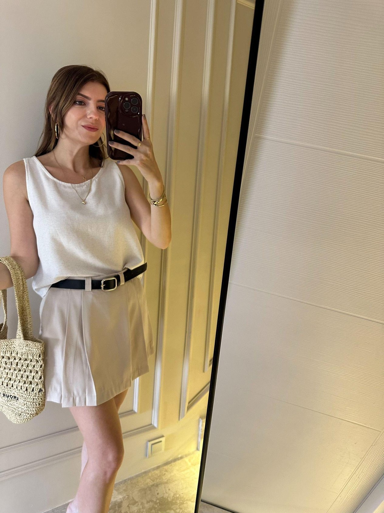 Bej Kemerli Şort Etek 