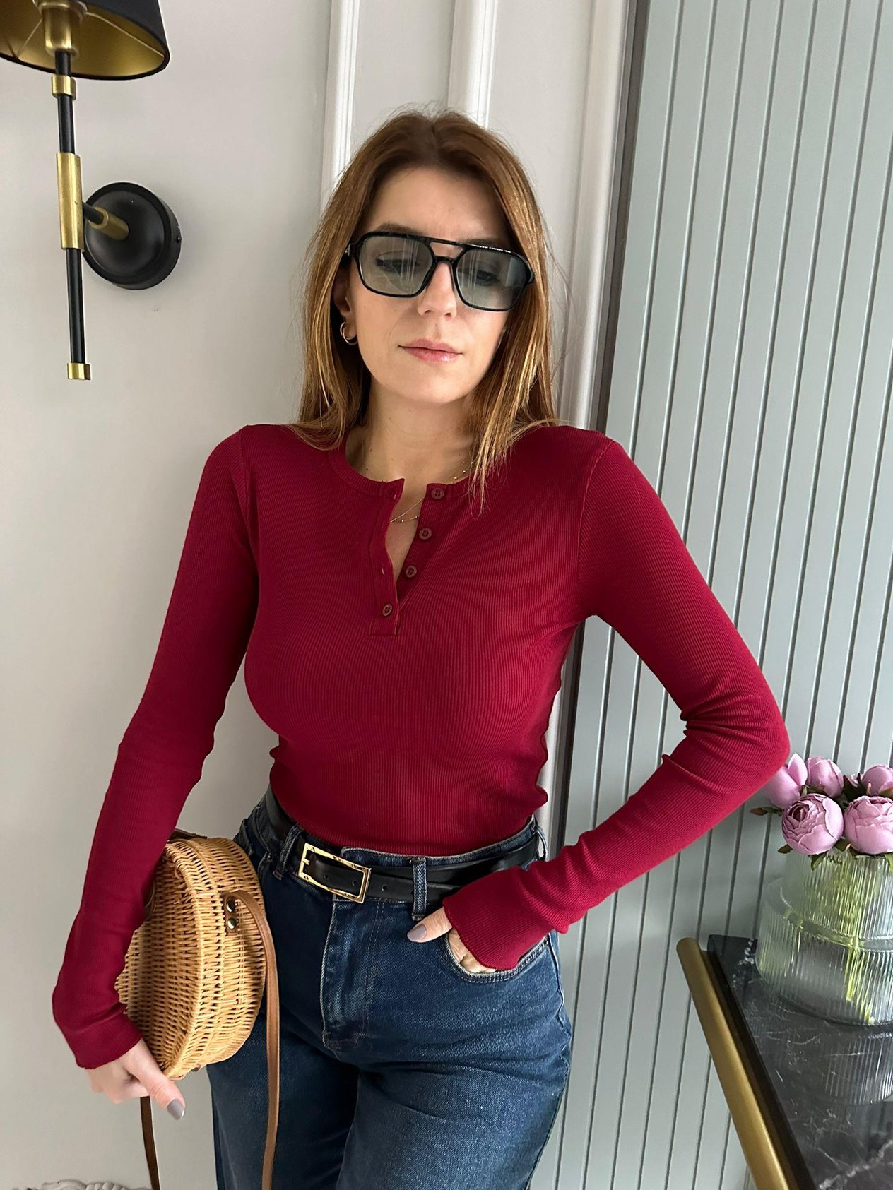 Bordo Dört Düğme Uzun Kol Bluz